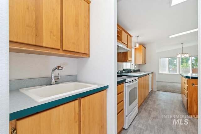 1404 River Run Ln, Caldwell, ID 83605 - kitchen featuring white range with electric cooktop, hanging light fixtures, a chandelier, and light countertops