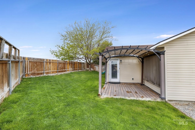 view of yard featuring a pergola and a deck