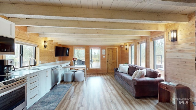 85 Cottage Rd, Anatone, WA 99401 - living area featuring wood walls, light wood finished floors, and wood ceiling with exposed beams