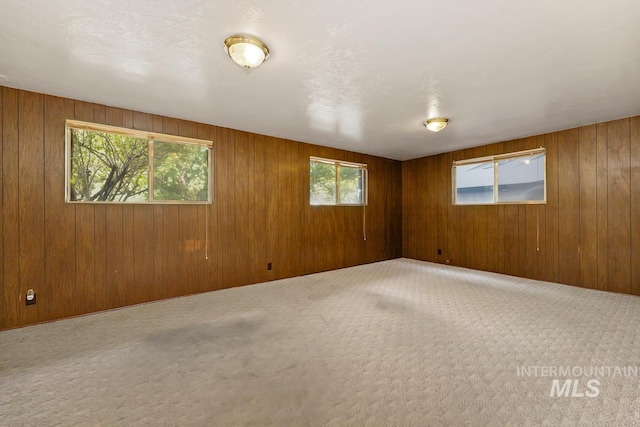 carpeted spare room with wood walls