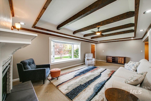 living room with ceiling fan, carpet floors, a fireplace, baseboards, and recessed lighting