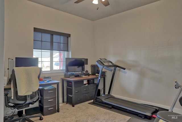 office with ceiling fan and light carpet