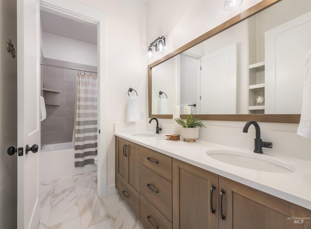 5222 S Montague Way, Meridian, ID 83642 - full bath with marble finish flooring, double vanity, and shower / bath combination with curtain