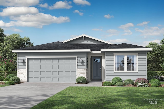 5720 W Ladle Rapids St, Meridian, ID 83646 - single story home with driveway, stone siding, a front lawn, and a garage