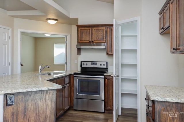 kitchen featuring dark wood-style floors, a peninsula, stainless steel range with electric cooktop, under cabinet range hood, and a sink