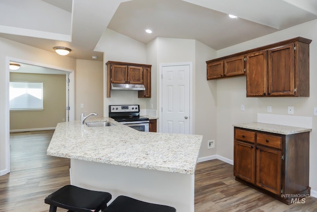 kitchen featuring dark wood-type flooring, a sink, stainless steel range with electric stovetop, under cabinet range hood, and baseboards