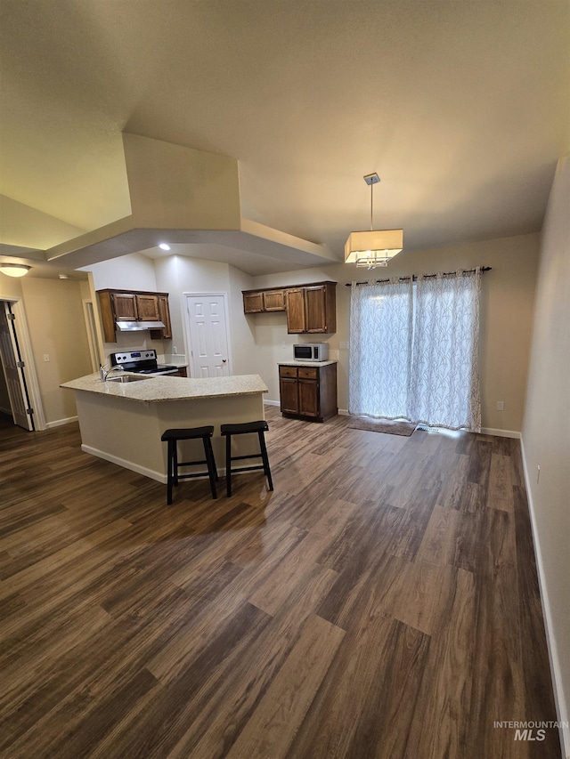 kitchen with dark wood finished floors, stainless steel electric range oven, baseboards, and white microwave