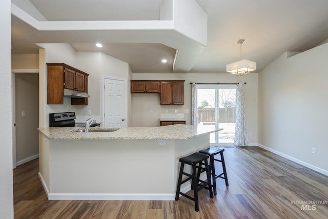 kitchen with dark wood-style floors, electric stove, a sink, under cabinet range hood, and baseboards