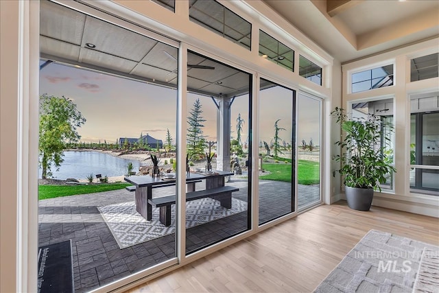 doorway with wood finished floors and a water view