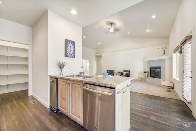 8235 W Tether St, Boise, ID 83709 - kitchen with stainless steel dishwasher, a sink, dark wood-style floors, ceiling fan, and vaulted ceiling