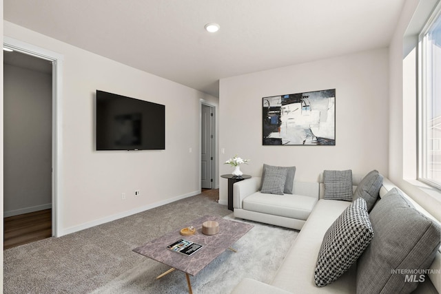 carpeted living room featuring baseboards and a wealth of natural light