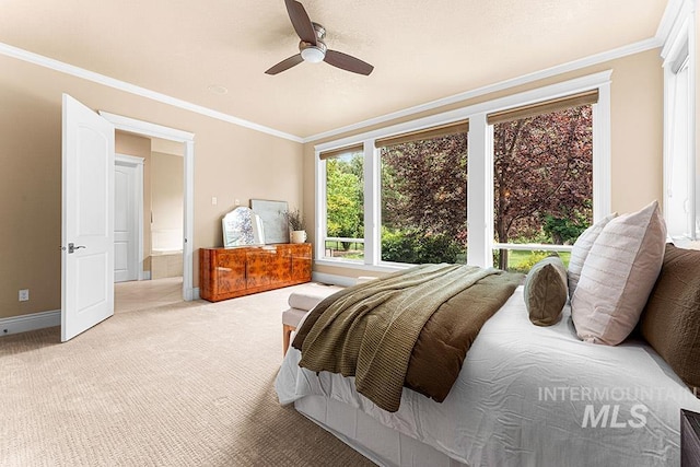 1452 S Hidden Island Pl, Eagle, ID 83616 - bedroom featuring crown molding, light carpet, and a ceiling fan