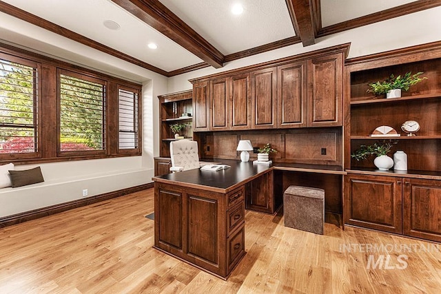 1452 S Hidden Island Pl, Eagle, ID 83616 - office space with built in study area, beamed ceiling, light wood-style flooring, crown molding, and recessed lighting