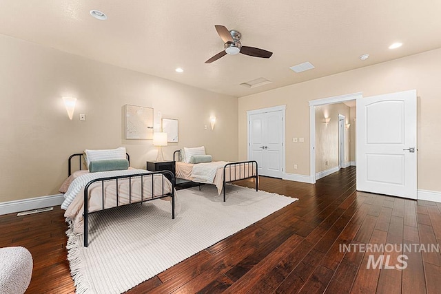 1452 S Hidden Island Pl, Eagle, ID 83616 - bedroom with wood-type flooring, ceiling fan, and recessed lighting