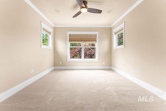 1452 S Hidden Island Pl, Eagle, ID 83616 - spare room featuring ornamental molding, plenty of natural light, a ceiling fan, light colored carpet, and a textured ceiling