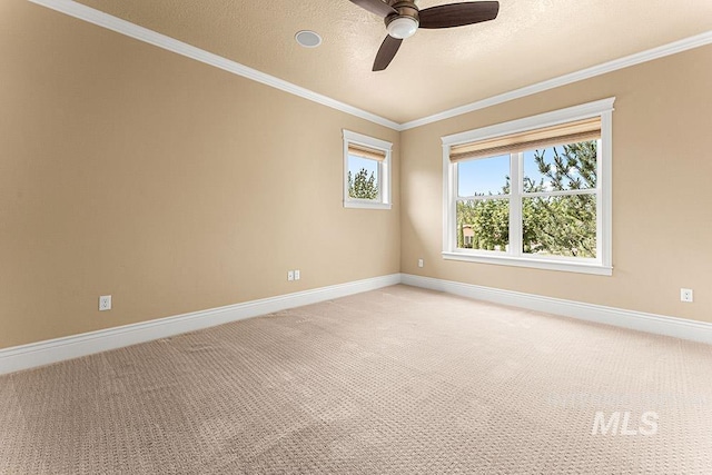 1452 S Hidden Island Pl, Eagle, ID 83616 - empty room with a ceiling fan, ornamental molding, light colored carpet, and a textured ceiling
