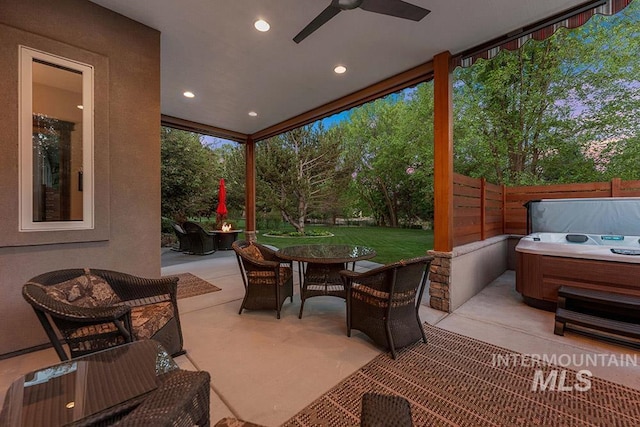 1452 S Hidden Island Pl, Eagle, ID 83616 - view of patio / terrace with a hot tub, outdoor dining space, and ceiling fan
