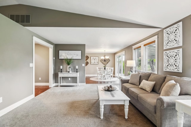 810 N Eagle Hills Way, Eagle, ID 83616 - carpeted living area with a chandelier, baseboards, and lofted ceiling