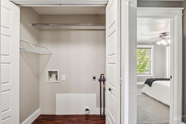 810 N Eagle Hills Way, Eagle, ID 83616 - laundry room featuring hookup for an electric dryer, ceiling fan, washer hookup, baseboards, and dark wood-style floors