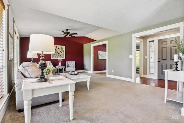 810 N Eagle Hills Way, Eagle, ID 83616 - living room featuring carpet, a ceiling fan, baseboards, and lofted ceiling