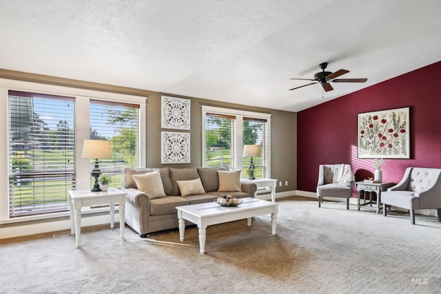 810 N Eagle Hills Way, Eagle, ID 83616 - carpeted living area with vaulted ceiling, healthy amount of natural light, a ceiling fan, and baseboards
