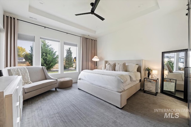 carpeted bedroom featuring ceiling fan, multiple windows, and a tray ceiling