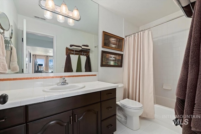 full bath featuring visible vents, toilet, backsplash, tile patterned flooring, and vanity