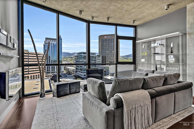 living area featuring floor to ceiling windows, a view of city, wood finished floors, and a mountain view