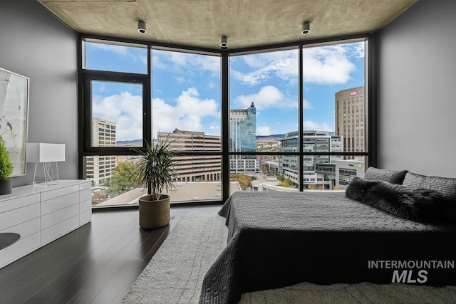 bedroom with a wall of windows, a view of city, and wood finished floors