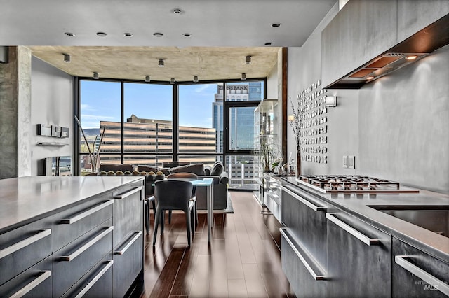 kitchen with a wall of windows, dark wood-type flooring, healthy amount of natural light, wall chimney range hood, and gray cabinetry