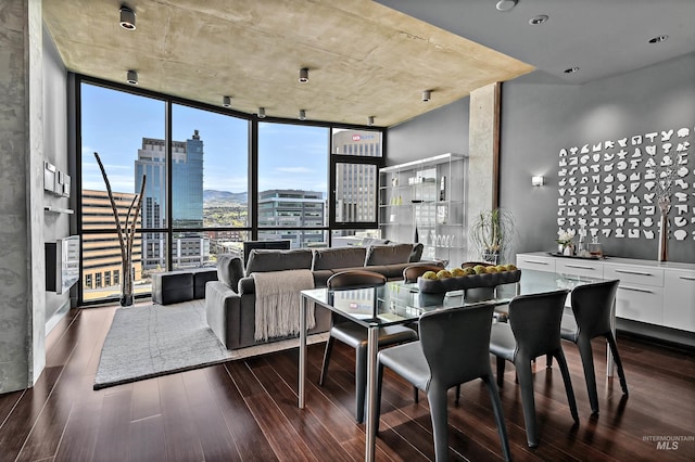 dining area with a view of city, a wall of windows, and dark wood finished floors