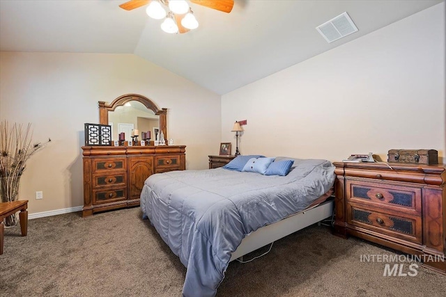 carpeted bedroom with lofted ceiling and ceiling fan