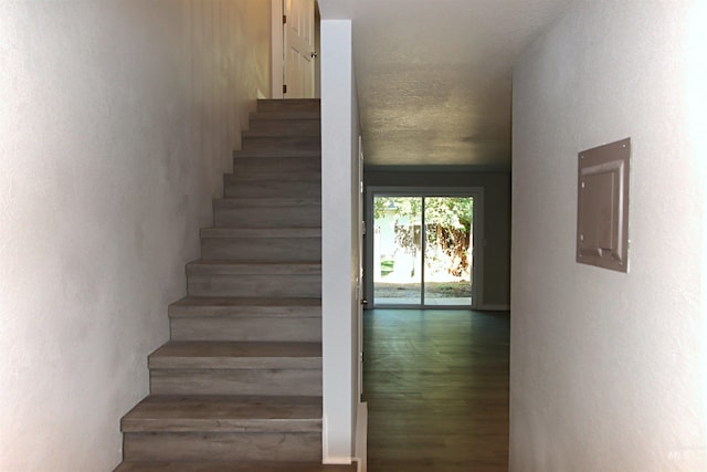 stairs featuring wood-type flooring, electric panel, and a textured ceiling