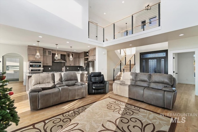 living room with light hardwood / wood-style floors and a towering ceiling