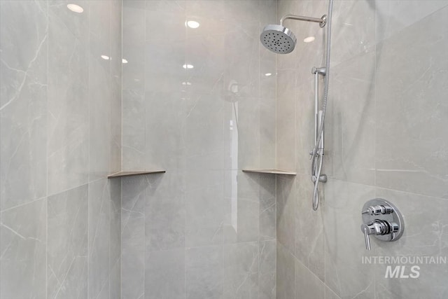 interior details featuring a tile shower