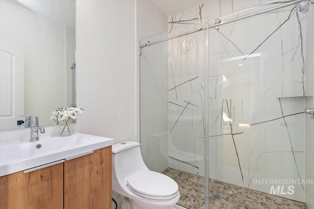 bathroom with vanity, toilet, and walk in shower