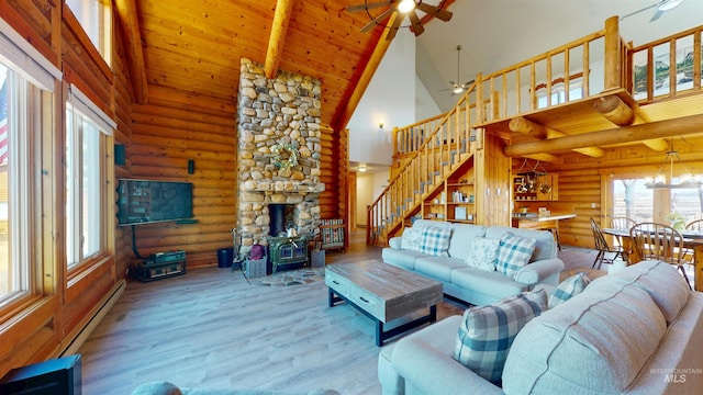 living room with a wood stove, high vaulted ceiling, wood finished floors, wooden ceiling, and stairs