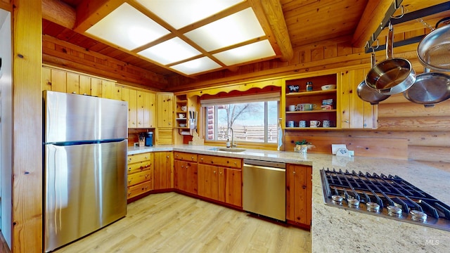 kitchen with light wood-type flooring, open shelves, a sink, appliances with stainless steel finishes, and wooden ceiling