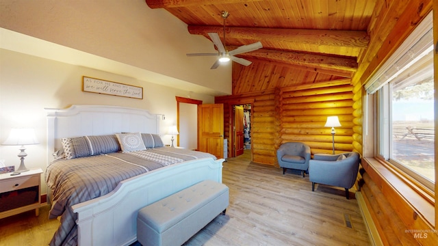 bedroom with high vaulted ceiling, beam ceiling, wooden ceiling, light wood-type flooring, and rustic walls