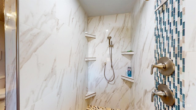 interior details with a marble finish shower and toilet