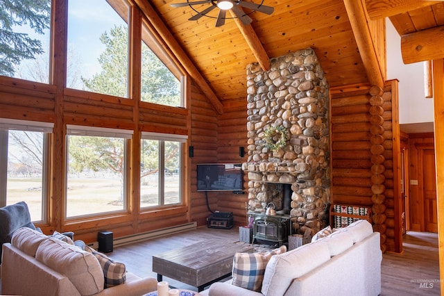 living room featuring wood finished floors, a wood stove, wood ceiling, a baseboard heating unit, and beamed ceiling