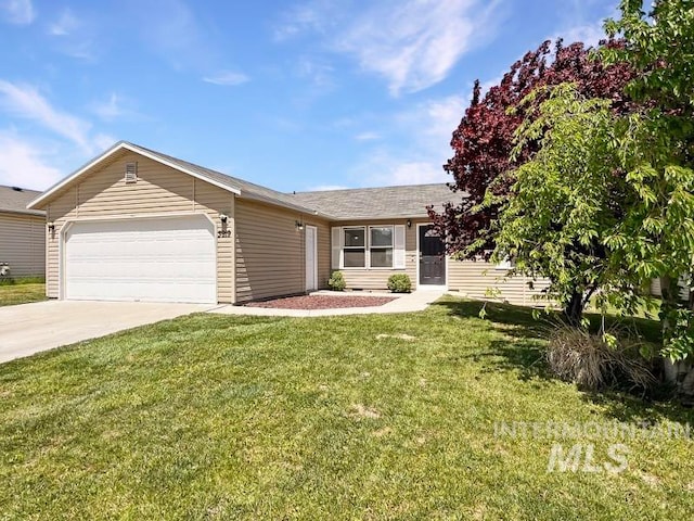 single story home with a front lawn and a garage