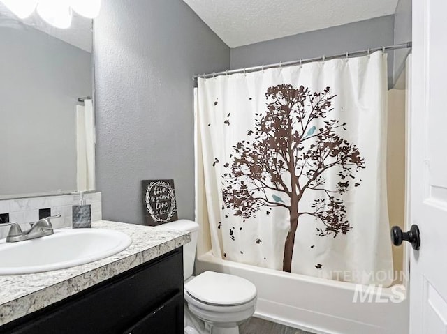 full bathroom with shower / bath combo, a textured ceiling, backsplash, toilet, and vanity