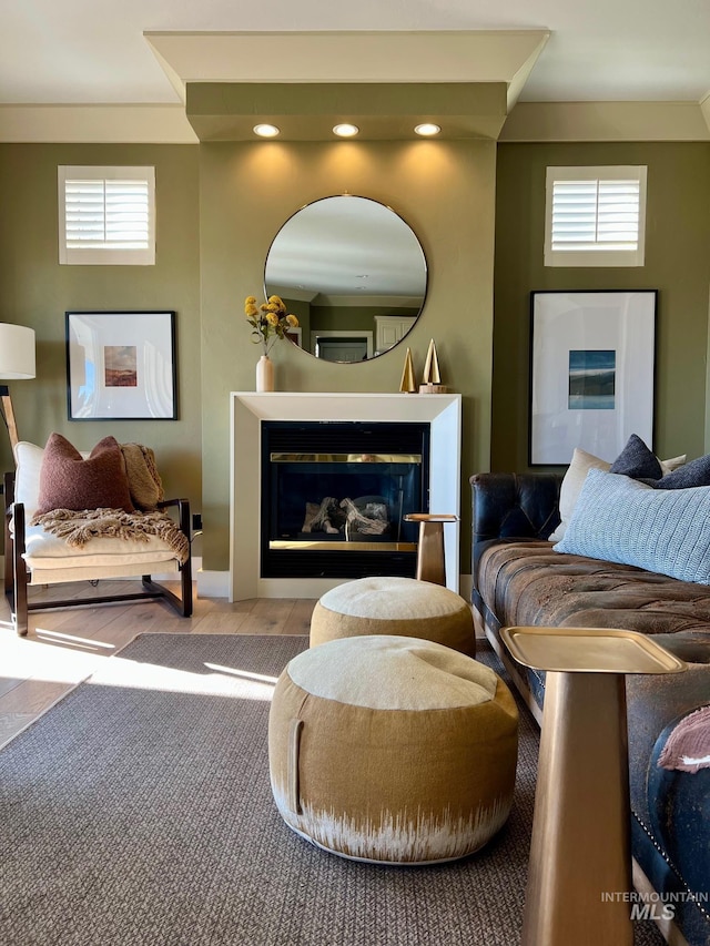 living area with plenty of natural light and light hardwood / wood-style floors