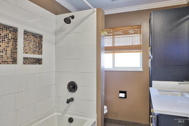 full bathroom with tub / shower combination, baseboards, toilet, ornamental molding, and vanity