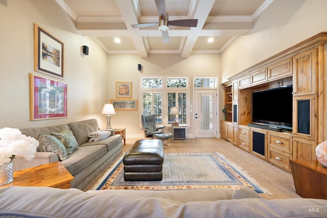 1664 W Par Ct, Eagle, ID 83616 - living room featuring a towering ceiling, beam ceiling, light colored carpet, ornamental molding, and a ceiling fan