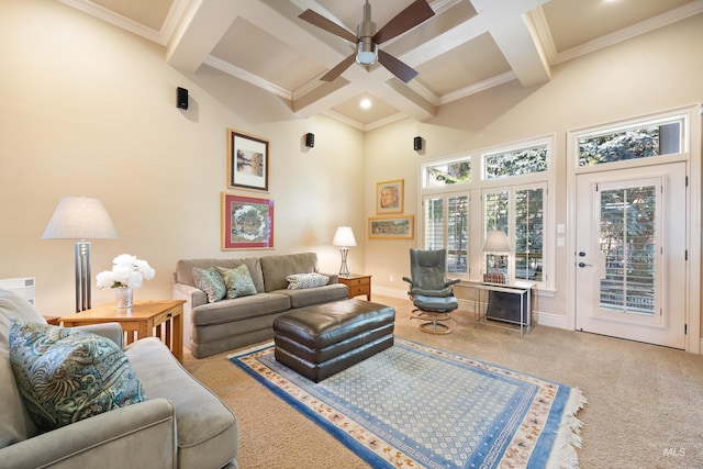 1664 W Par Ct, Eagle, ID 83616 - living area with coffered ceiling, beam ceiling, crown molding, ceiling fan, and carpet floors