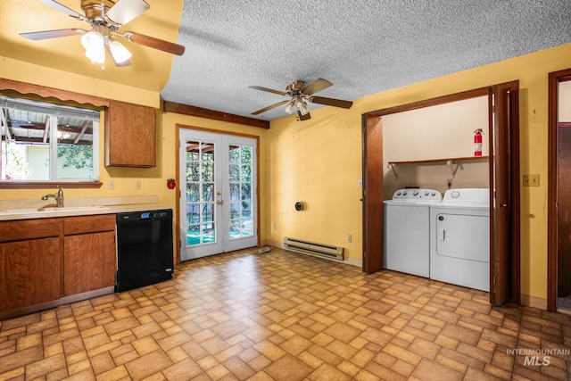 kitchen with a textured ceiling, washer and clothes dryer, dishwasher, ceiling fan, and french doors