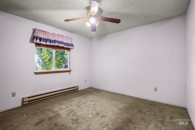 empty room with ceiling fan, baseboard heating, a textured ceiling, and carpet floors