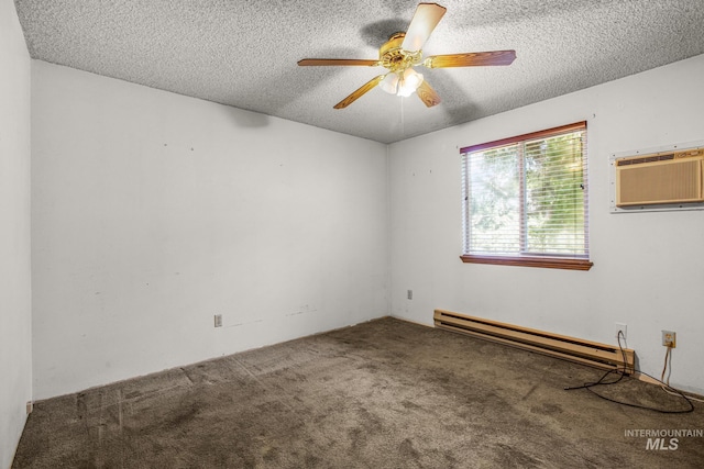 unfurnished room featuring a textured ceiling, a baseboard heating unit, ceiling fan, and carpet floors